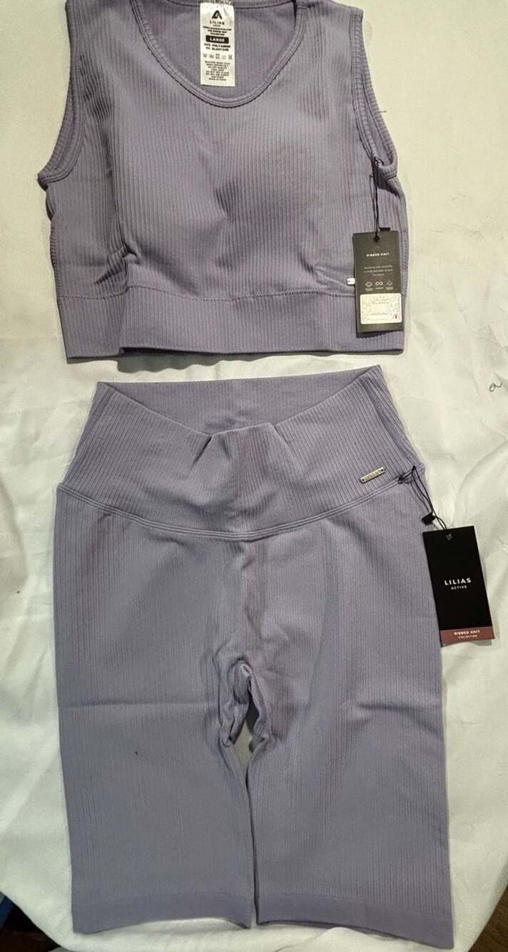Lilias Active Ribbed Knit Two-Piece Set, Longline Sports Bra and Leggings, Lilac